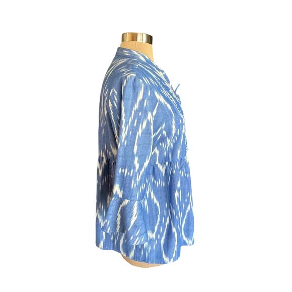 Reba Blue White Ikat Print Floral Embroidered Boho Top MEDIUM Peplum Western - Picture 3 of 10